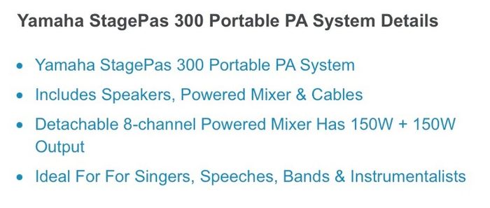 Yamaha Stagepas 300 Pa With Mixer Amp and Speakers Plus Pair Of Hercules Speaker Stands.