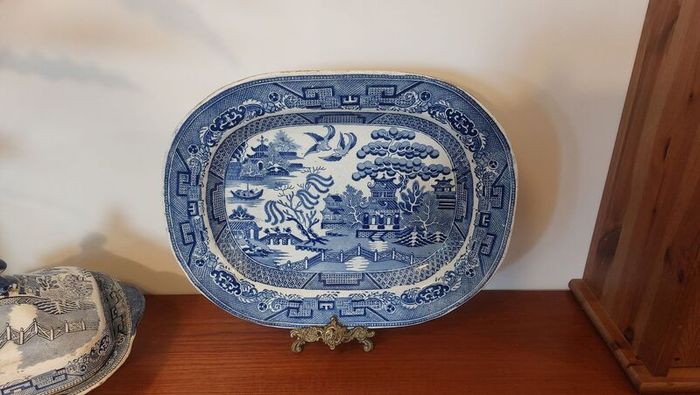 Beautiful Antique Blue and White Transferware Willow Pattern Large Platter, Unknown Maker, Circa 1860's, Most Likely Staffordshire Made