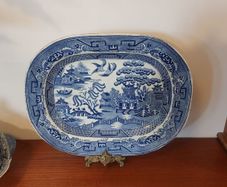 Beautiful Antique Blue and White Transferware Willow Pattern Large Platter, Unknown Maker, Circa 1860's, Most Likely Staffordshire Made