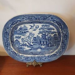 Beautiful Antique Blue and White Transferware Willow Pattern Large Platter, Unknown Maker, Circa 1860's, Most Likely Staffordshire Made