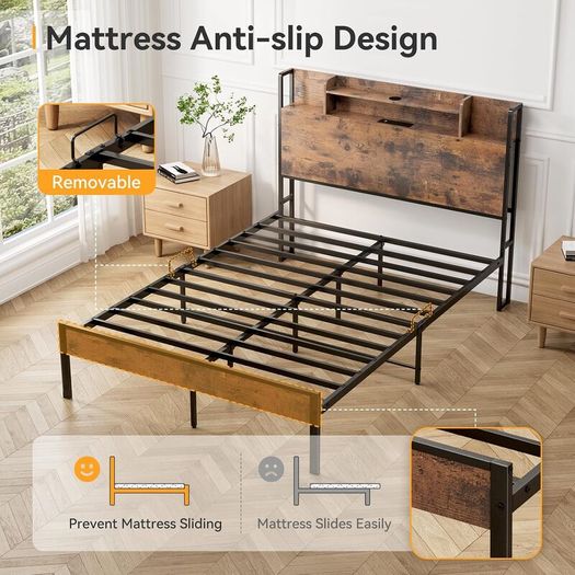 4ft6 Double Bed Frame with Storage Wooden Headboard | LED Light & Charging Station, Platform Metal Bed Frame Double with Underbed Storage
