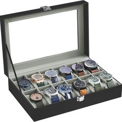 Watch Box with 12 Slots, Watch Case with Glass Lid, Watch Display Box with Removable Watch Pillows, Metal Clasp