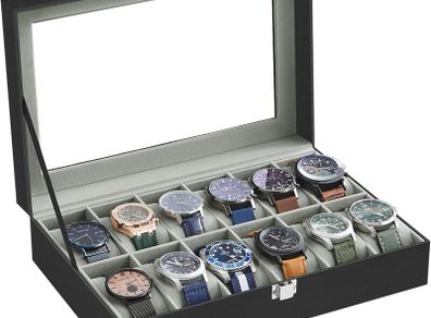 Watch Box with 12 Slots, Watch Case with Glass Lid, Watch Display Box with Removable Watch Pillows, Metal Clasp