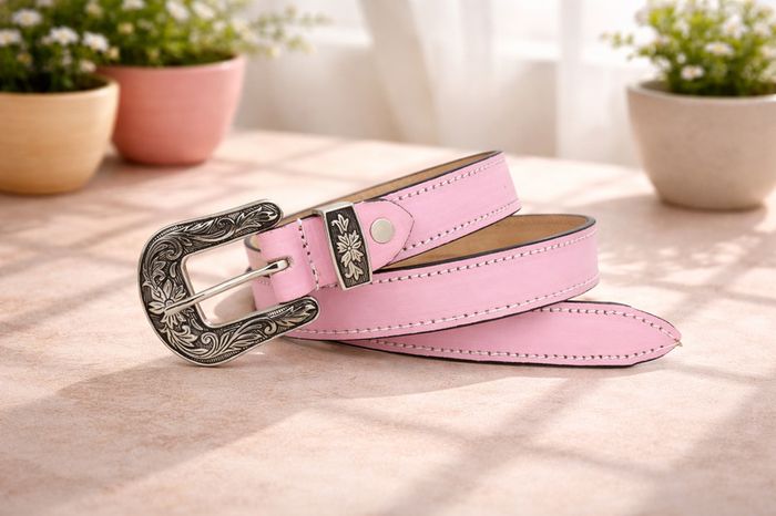 Unisex Premium Pink Genuine Leather Belt Vintage Engraved Silver Buckle