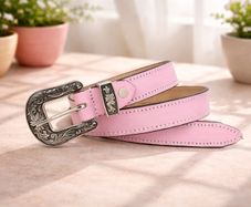 Unisex Premium Pink Genuine Leather Belt Vintage Engraved Silver Buckle