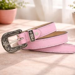 Unisex Premium Pink Genuine Leather Belt Vintage Engraved Silver Buckle