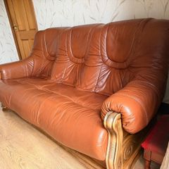 Genuine Leather & Wooden Home Furniture Suite. 3 Seater and 2 Armchairs.