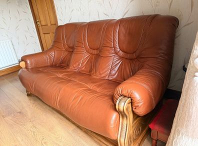 Genuine Leather & Wooden Home Furniture Suite. 3 Seater and 2 Armchairs.