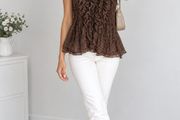 Brown Blouse with White Polka Dots and Ruffles  Size S