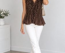 Brown Blouse with White Polka Dots and Ruffles  Size S