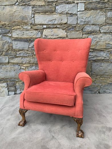 A pair of Chippendale Revival Country House wingback armchairs on Ball & Claw feet.