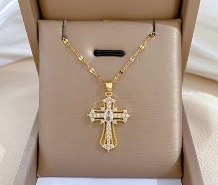 Cross Crucifix Crystal Gold Tone Pendant Necklace