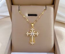 Cross Crucifix Crystal Gold Tone Pendant Necklace