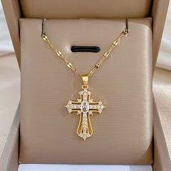 Cross Crucifix Crystal Gold Tone Pendant Necklace
