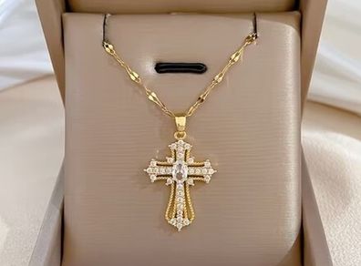 Cross Crucifix Crystal Gold Tone Pendant Necklace