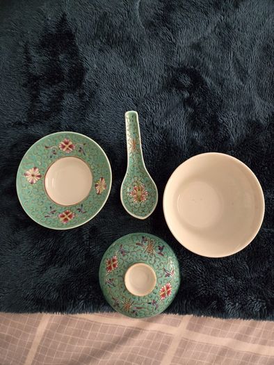 Vintage 4-Piece Chinese Jingdezhen Turquoise Gaiwan Tea Set, Plate & Spoon (1950s/70s)