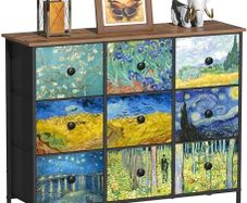 Chest of Drawers Van Gogh Dresser for Bedroom with 9 Drawers Wide TV Stand Storage Organizer Units for Living Room Children's Room Hallway Metal Frame Wood Board Fabric Drawers