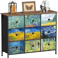Chest of Drawers Van Gogh Dresser for Bedroom with 9 Drawers Wide TV Stand Storage Organizer Units for Living Room Children's Room Hallway Metal Frame Wood Board Fabric Drawers