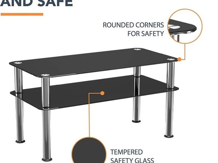 Chrome and Black Coffee Table with Shelf - Tempered Safety Glass Coffee Table - Small Table W80cm x D40cm x H41.5cm - Living Room Furniture/Office Furniture (FREE POSTAGE)