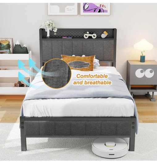 Single Bed Frame with Storage Headboard Shelf, No Box Spring Needed 3ft Upholstered Bed Frame with Heavy Duty Metal Slats, Easy Assembly,Gray, for Small Bedroom, Dorm, Guest Room