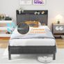 Single Bed Frame with Storage Headboard Shelf, No Box Spring Needed 3ft Upholstered Bed Frame with Heavy Duty Metal Slats, Easy Assembly,Gray, for Small Bedroom, Dorm, Guest Room Image 7