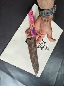 Damascus Kiritsuke Knife with Japanese Cat Engraving  Precision, Spirit & Elegance