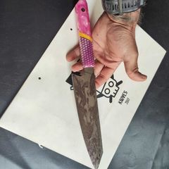 Damascus Kiritsuke Knife with Japanese Cat Engraving  Precision, Spirit & Elegance
