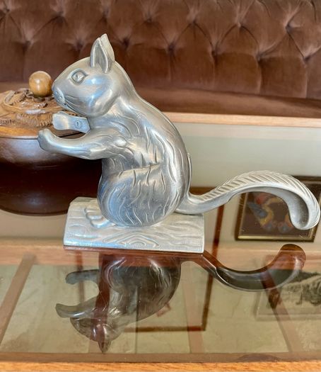 Vintage Aluminum Metal Squirrel on Log Nutcracker
