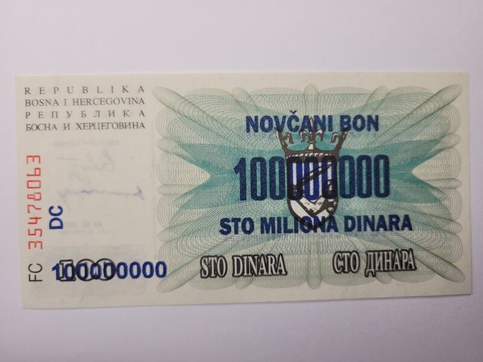 Bosnia - Herzegovina  100,000-100.000,000 Dinara, 1992-1994, 6 notes