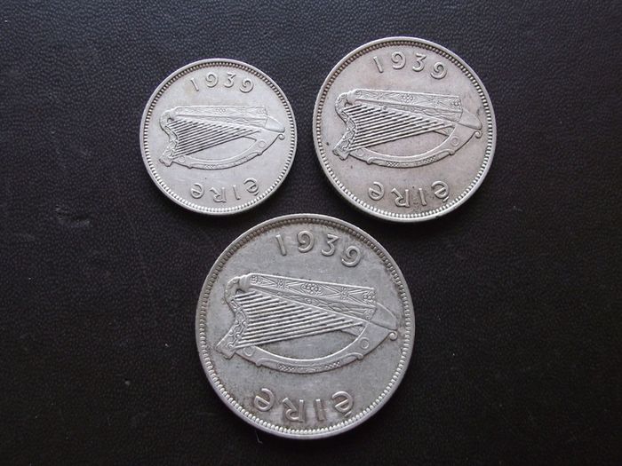 1939 Irish Republic. Set of 3 Silver Coins: Half Crown&Florin&Shilling