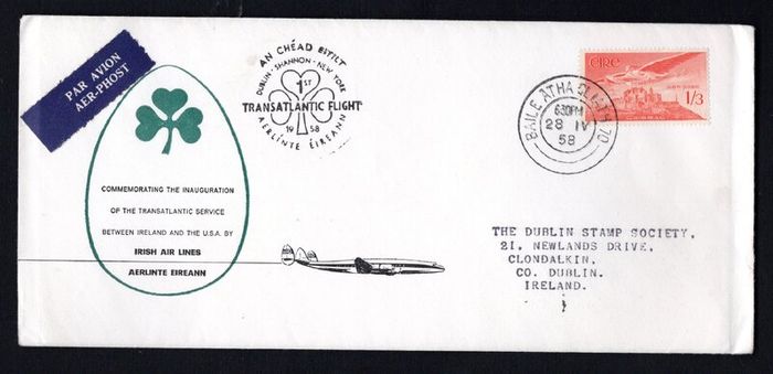 1958 Ireland Cover Commemorative The Inaugurating of the Transatlantic Service Between Ireland and the USA By Irish Air Lines Aerlinte Eireann with Dublin Steele Cancel on 1s3d Airmail Stamp
