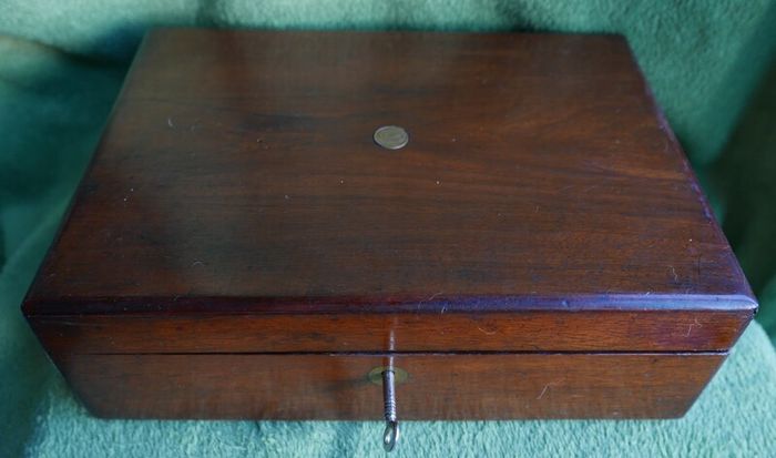 Antique 1800s Wood Folding Portable Travel Writing Lap Desk Campaign Box Case Key