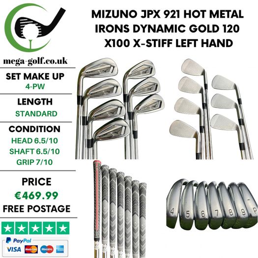 Mizuno JPX 921 Hot Metal Irons / 4-Pw / Dynamic Gold 120 X100 X-Stiff / Left Hand