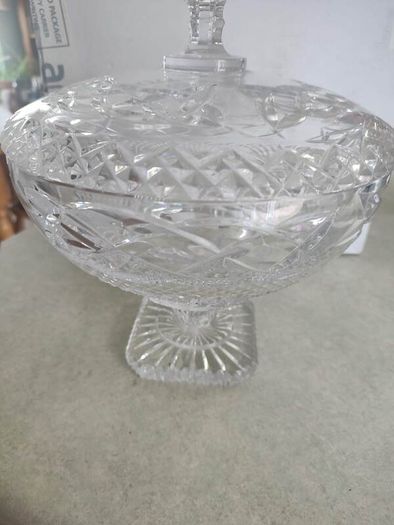 REAR  vintage GALWAY trinity knot  large Vintage Cut crystal pedestal bowl, heavy lead crystal and lid