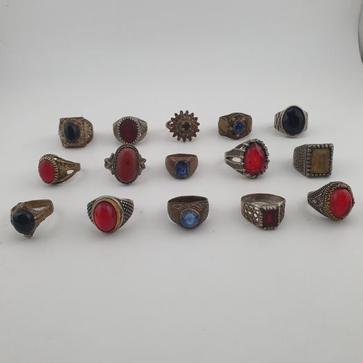 15 Antique Style Brass Rings Mixed Stone & Colourful Glass Accents