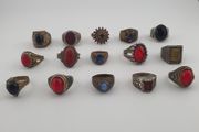 15 Antique Style Brass Rings Mixed Stone &amp; Colourful Glass Accents