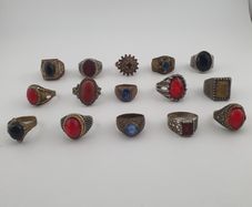 15 Antique Style Brass Rings Mixed Stone & Colourful Glass Accents