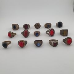 15 Antique Style Brass Rings Mixed Stone & Colourful Glass Accents