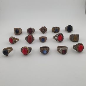 15 Antique Style Brass Rings Mixed Stone & Colourful Glass Accents