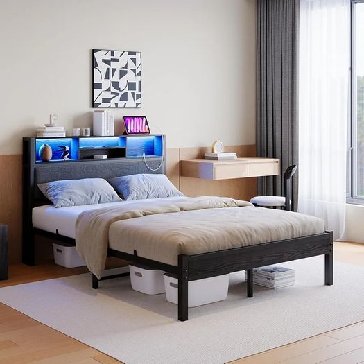 4ft6 Double Size Bed Frame with Storage Shelf Upholstered Headboard,Platform Bed Frame with Charging Station and LED Lights,Metal Bed Frame Double Size,No Box Spring Needed,Noise Free, Black+Grey