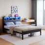 4ft6 Double Size Bed Frame with Storage Shelf Upholstered Headboard,Platform Bed Frame with Charging Station and LED Lights,Metal Bed Frame Double Size,No Box Spring Needed,Noise Free, Black+Grey Image 3