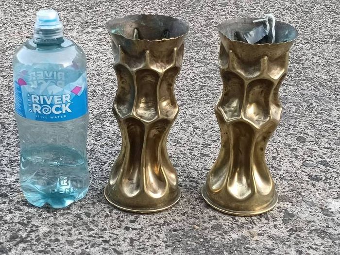 Matching Pair of German WW1 7.7 cms Trench Art Vases