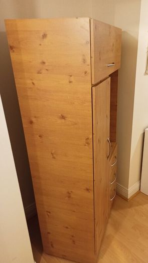 Pine finish Combination wardrobe with hanging  space, closed & open shelving, mirror, 3 lower drawers