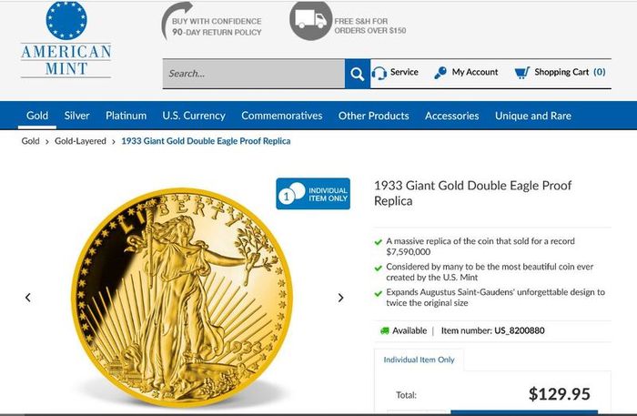 24K Gold Layered Giant (110 grams) Commemorative Replica 2012 of Gold Double Eagle 1933