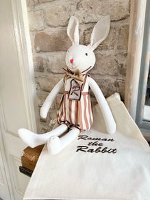 New bespoke 100% linen Roman the rabbit in romper with gift bag