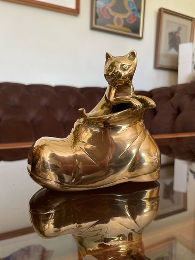 Vintage MCM Solid Brass Small Kitty Cat in a Boot Whimsical Sculpture