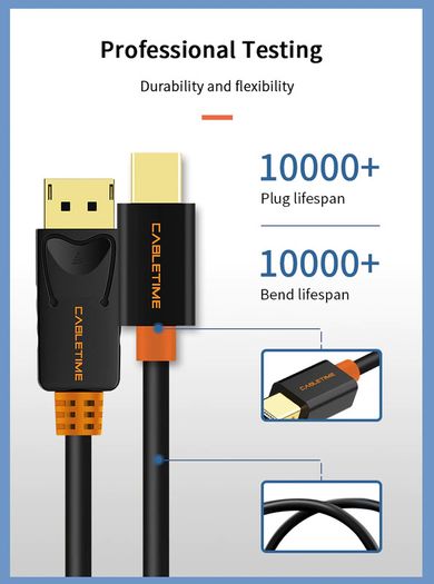 Cabletime 2M Mini DisplayPort to DisplayPort v1.2 Male (4K@60Hz) (Video-Audio) (Gold-Plated) Cable (Brand New/Warranty)