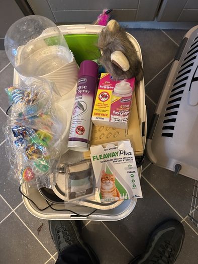 cat cage, litter box, liter scoop, drinking fountain
