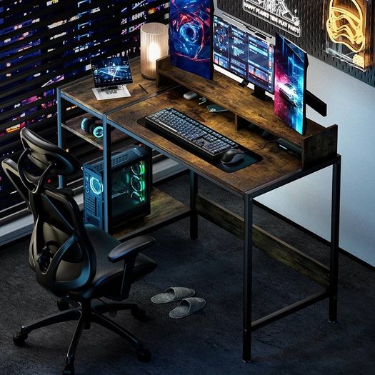 NEW SALE |  Computer Gaming Desk - 47" Home Office Desk with Storage, Rustic Writing Desk with Monitor Stand, Modern Simple Study Corner Table, Adjustable Storage
