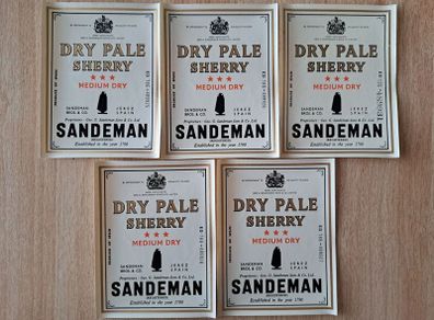 Lot of 5 Vintage  Sandeman  Dry pale Sherry Medium Dry label